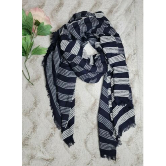 J. Crew Accessories - J Crew Cotton Blend White Blue Stripe Scarf Fringe Border